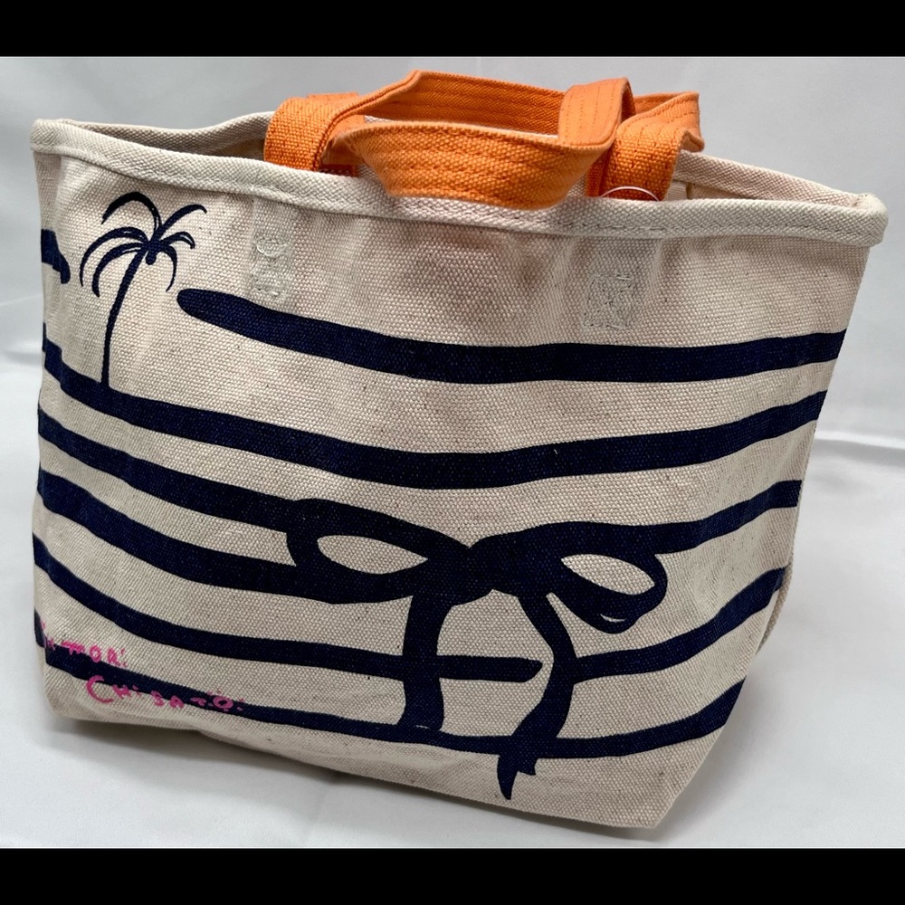 Striped Bow Small Beige Blue Orange Canvas Tote NWOT